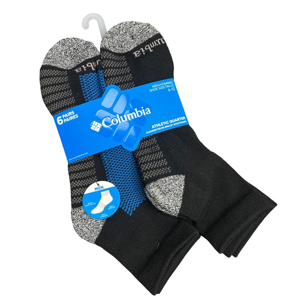 Columbia Mens Athletic Quarter Socks 6 Pair Pack Black Blue Grey Size 6-12 NEW